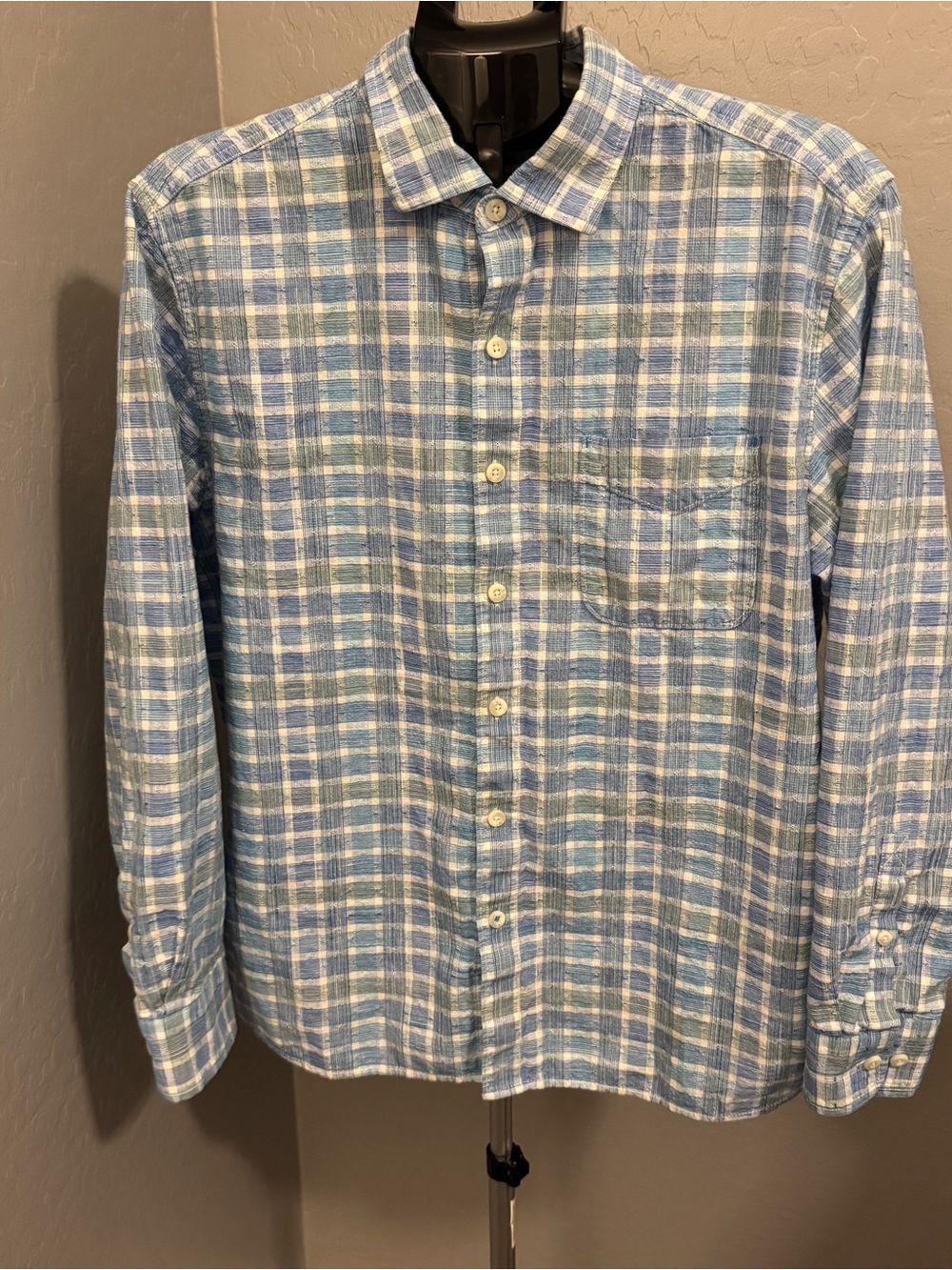 Tommy Bahama Light Blue and White Plaid Button Down Shirt 100% Cotton- Large